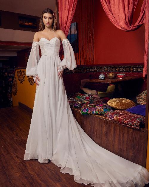 Lp2344 a line chiffon wedding dress with sleeves and slit1